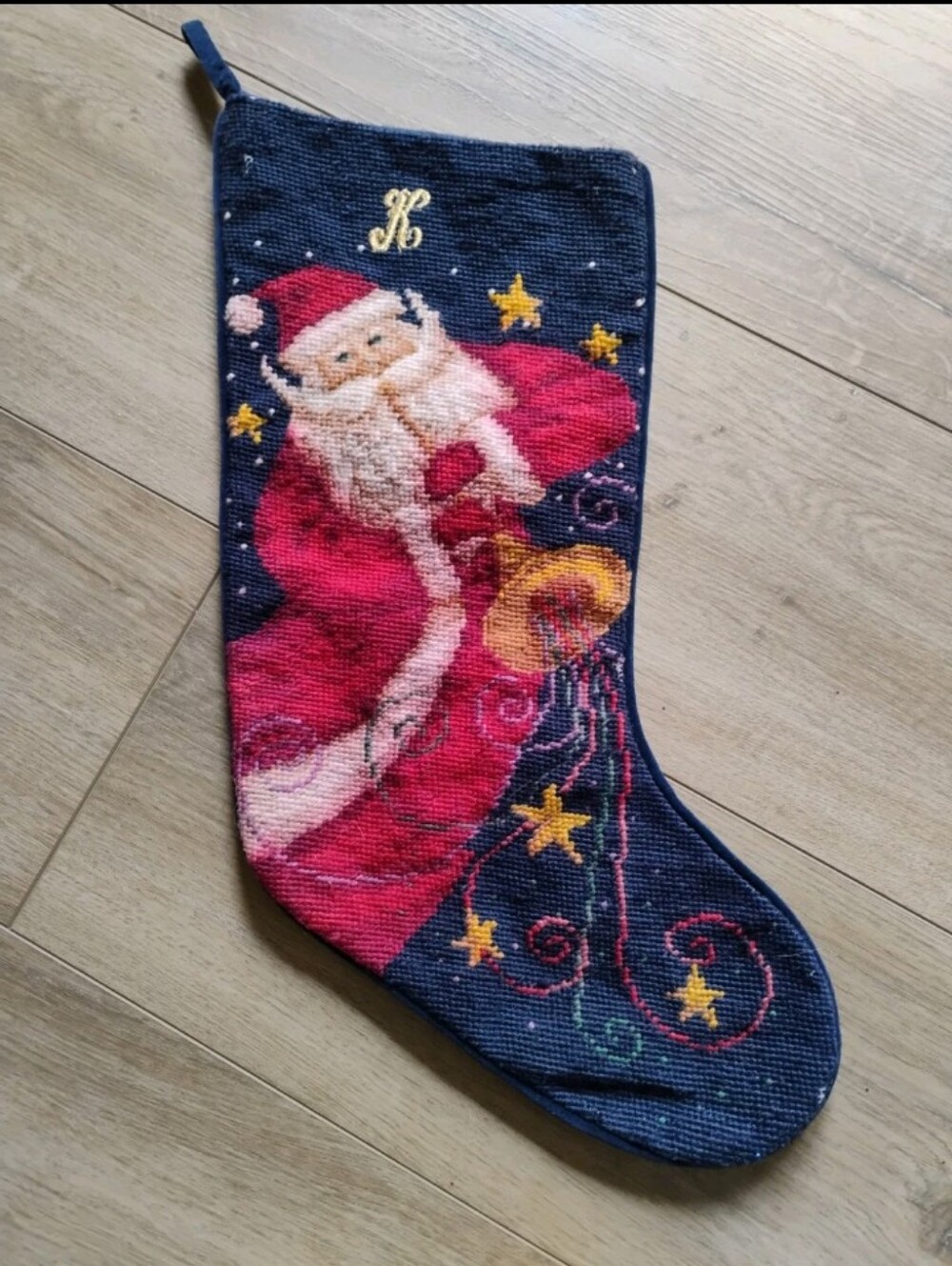 Vintage 1990s Lillian Vernon needlepoint stocking Santa monogram K